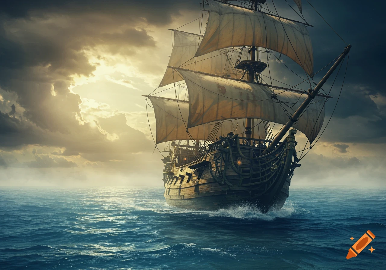 A weathered pirate ship with full sails on a stormy sea under a dramatic, cloudy sky.