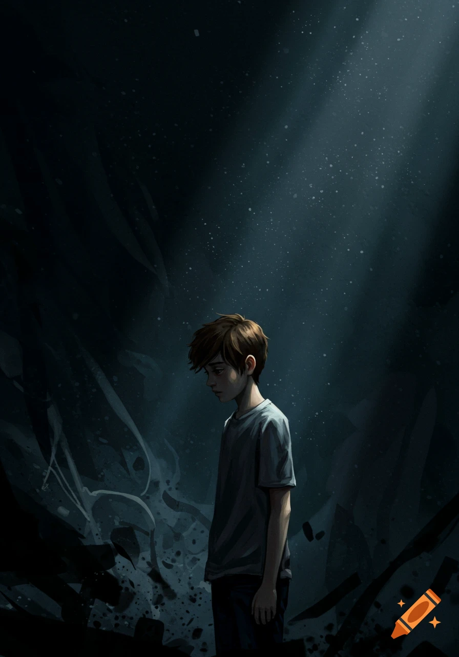 An emotional illustration of a sad young boy standing alone in a dimly lit, dark and desolate space.