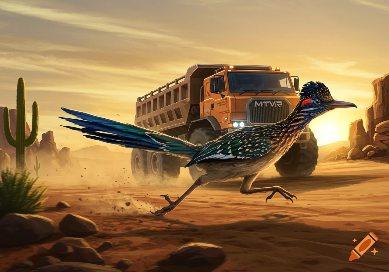 A vibrant roadrunner dashes through a dusty desert with a large orange MTVR truck in the background under a golden sky.