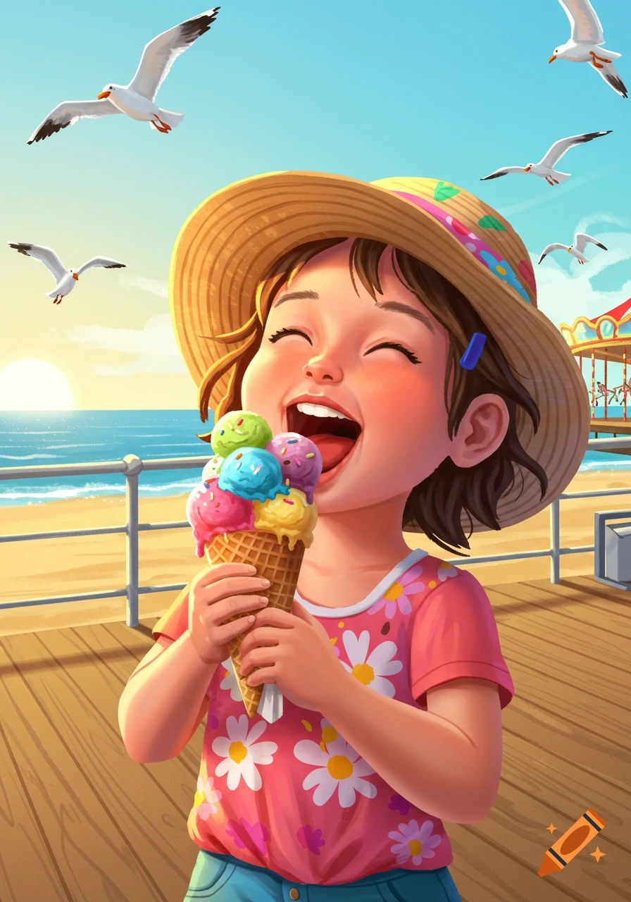 A joyful child in a straw hat eats a colorful ice cream cone on a sunny boardwalk with seagulls flying overhead.