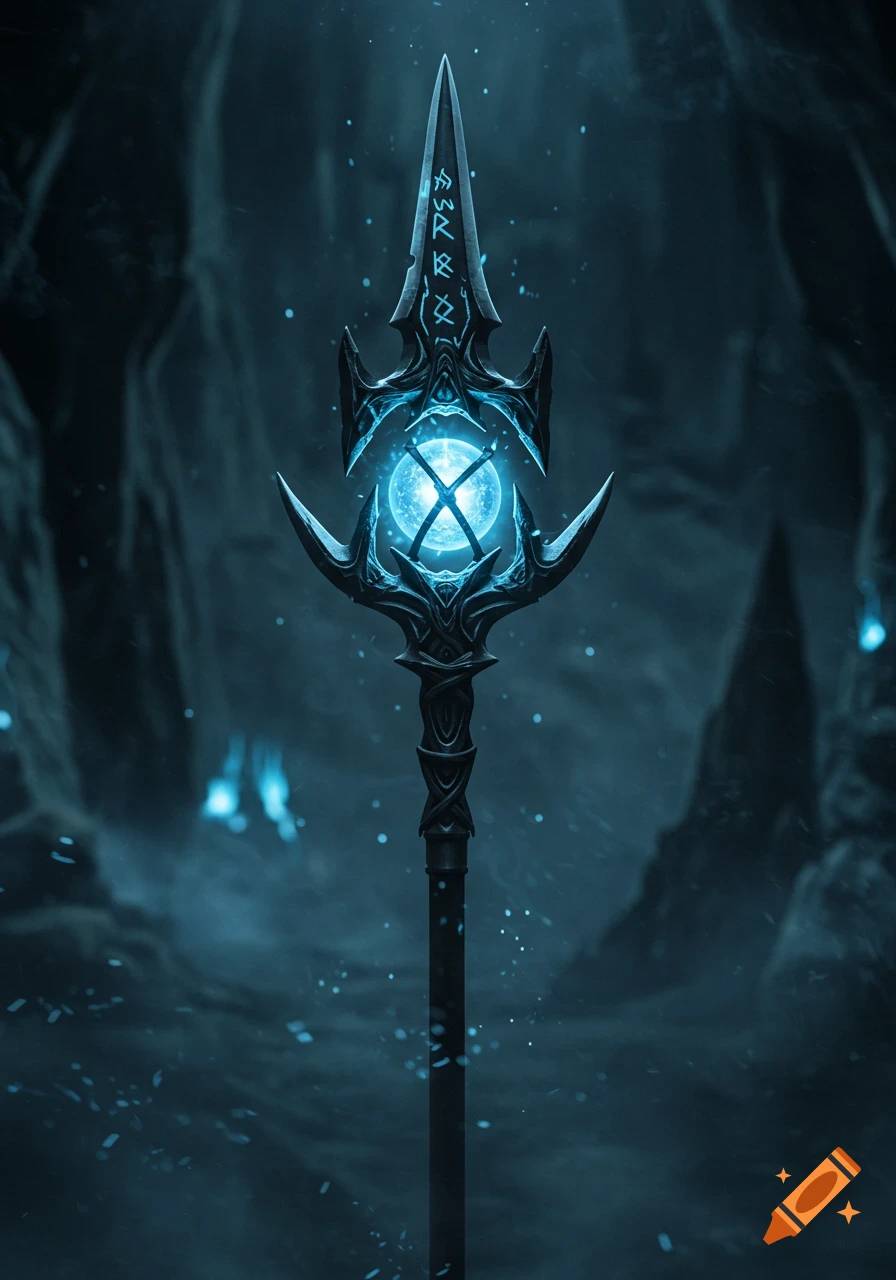 A detailed, glowing soul spear with a vibrant blue orb at its center, set against a dark, mystical background.
