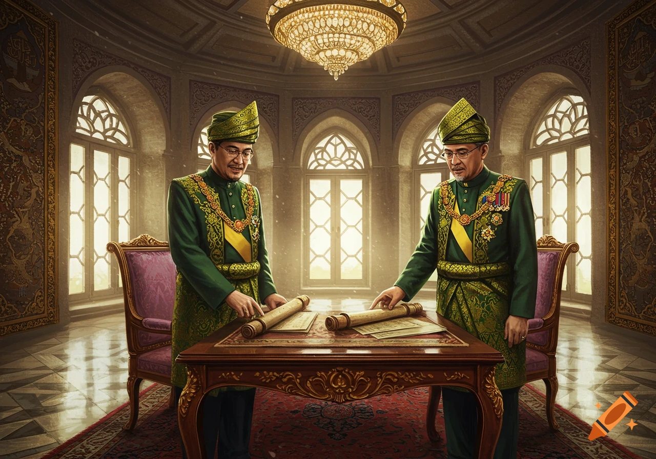 Two men in elaborate green and gold traditional attire and turbans stand at a ornate table with scrolls in a grand palace room with arched windows and a chandelier.