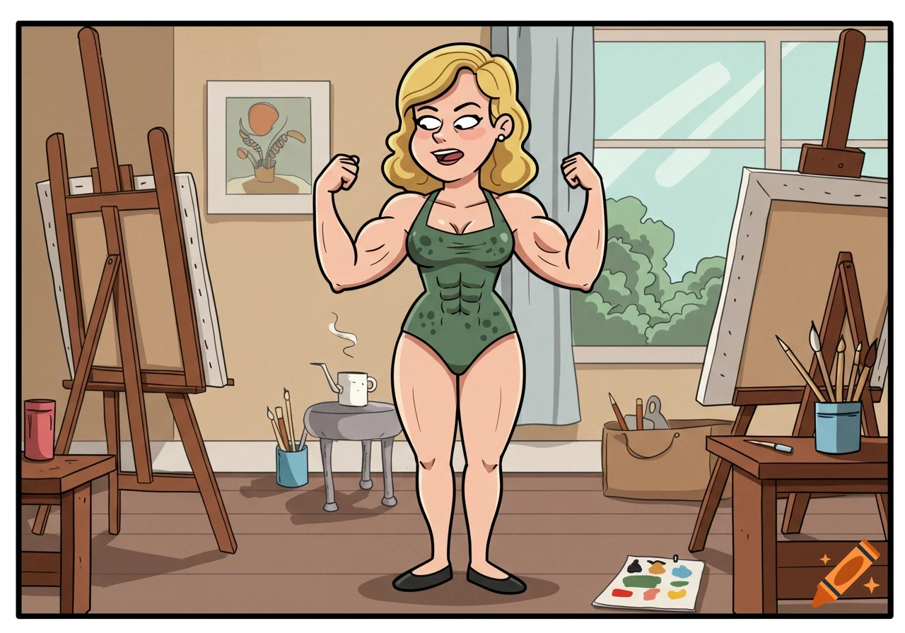 A cartoon woman with blonde hair wearing a green swimsuit flexes her large biceps in an art studio with easels and art supplies.