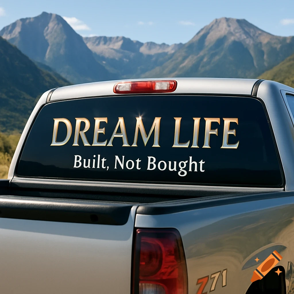 Rear view of a silver Chevy Silverado pickup truck with a 'DREAM LIFE Built, Not Bought' decal on its back window, parked in front of mountains on a sunny day.