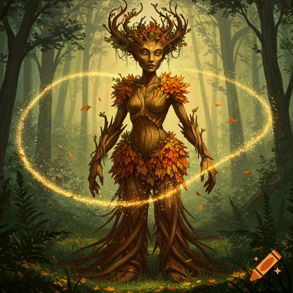 A female ent, a tree-like creature with bark skin and leaves, stands in a mystical forest with golden swirling light.
