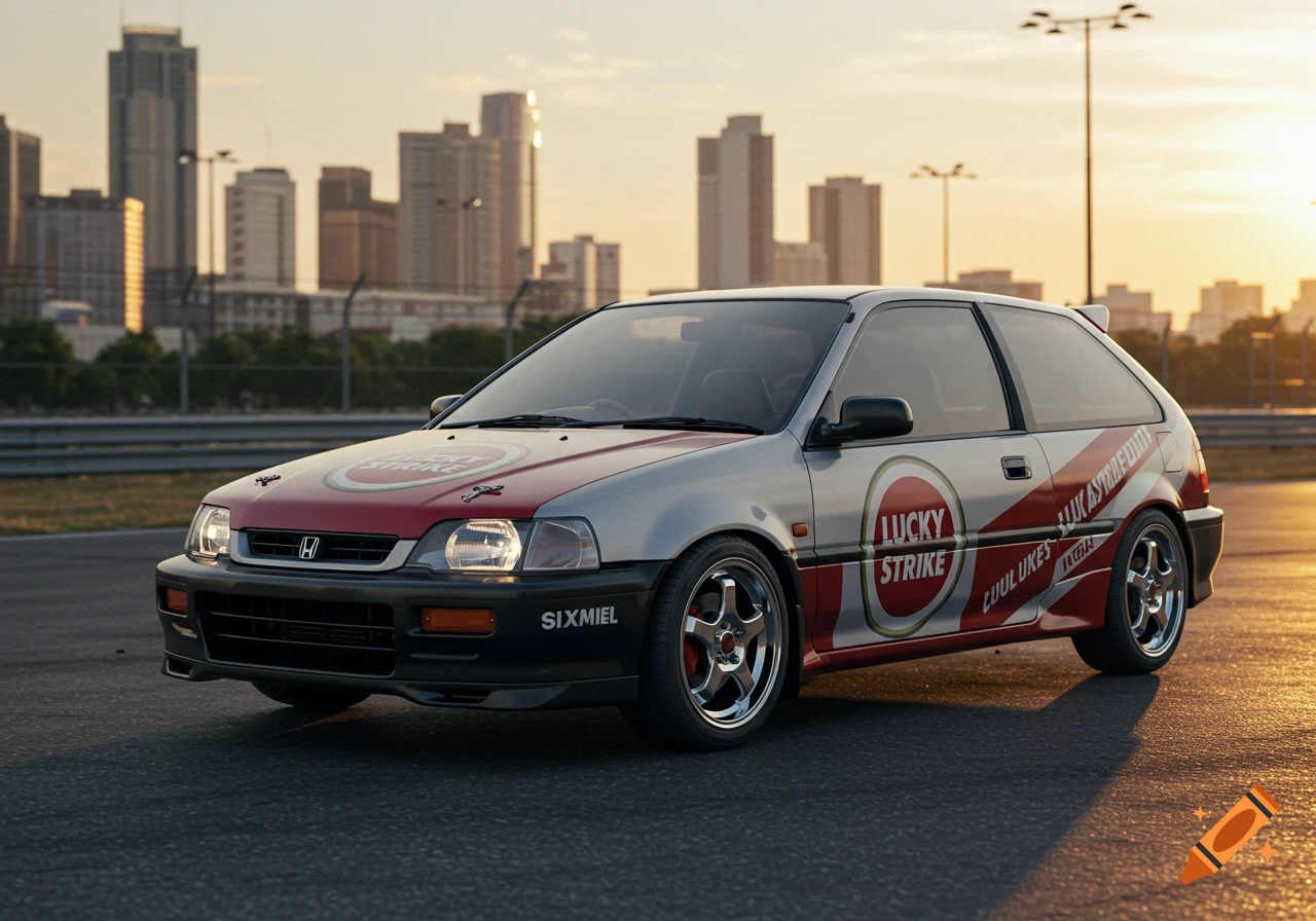 A photorealistic image of a grey Honda City Turbo with red and white Lucky Strike racing decals, parked on an asphalt track with city buildings in the background at sunset.