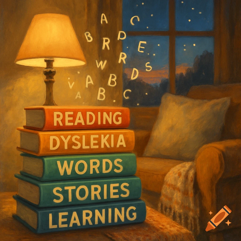 A stack of books with titles like 'READING' and 'DYSLEXIA' sits next to a glowing lamp in a cozy, painterly room with letters floating from the books.