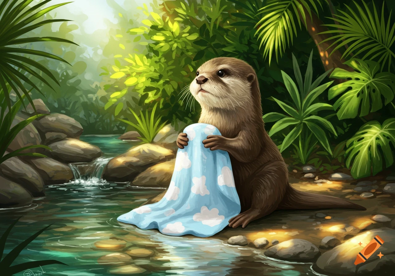 An adorable otter holds a baby blue blanket with clouds in a lush tropical creek.