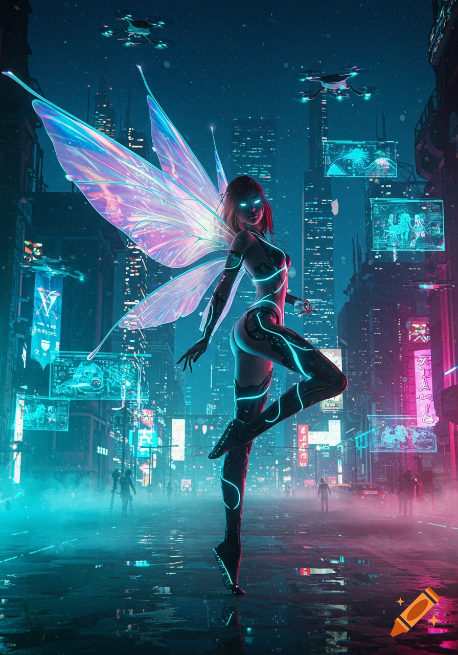 A futuristic fairy with glowing, iridescent wings and neon body lines stands on a wet street in a vibrant cyberpunk city at night.