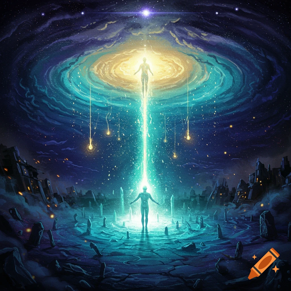 Two glowing figures, one rising into a golden vortex, the other standing on a cracked landscape, beneath a starry, cosmic sky in a fantasy art style.
