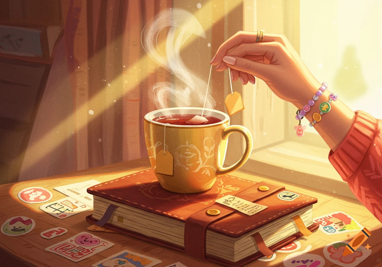 A close-up illustration of a hand dangling a tea bag into a steaming mug of tea set on a brown diary, with sunlight streaming in.