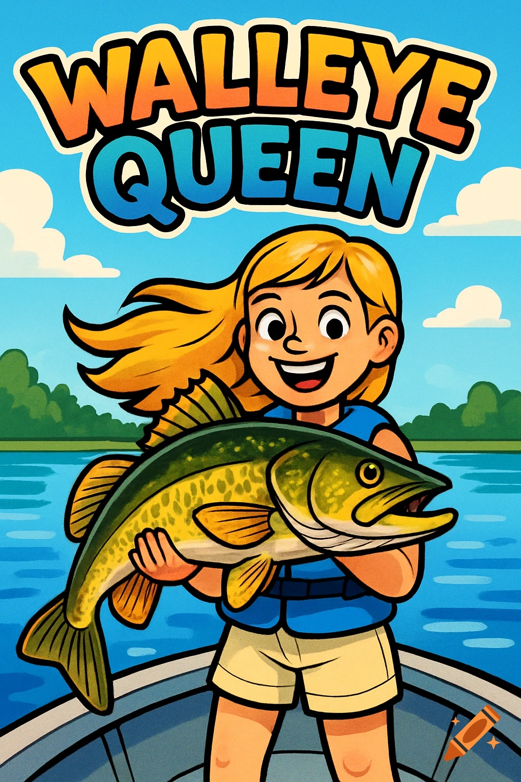 Cartoon of a smiling blonde girl holding a large walleye fish in a boat, with "WALLEYE QUEEN" text above her, on a lake.