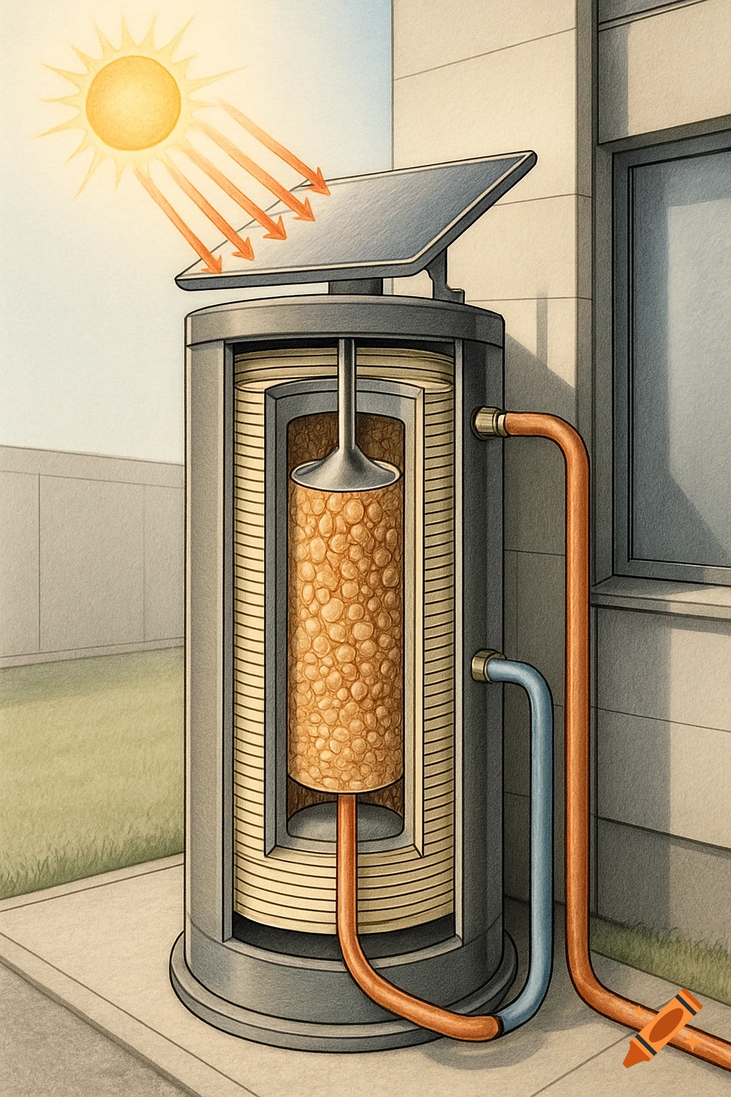 A detailed scientific illustration of a solar thermal energy storage system, with a cutaway showing internal components, next to a building.