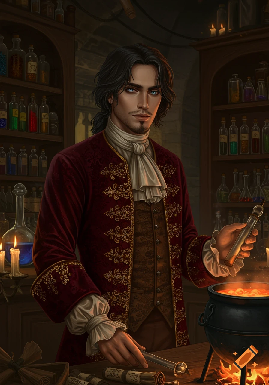 A handsome man in a 1700s royal court outfit stands in a dimly lit potions workshop, holding a vial over a bubbling cauldron.
