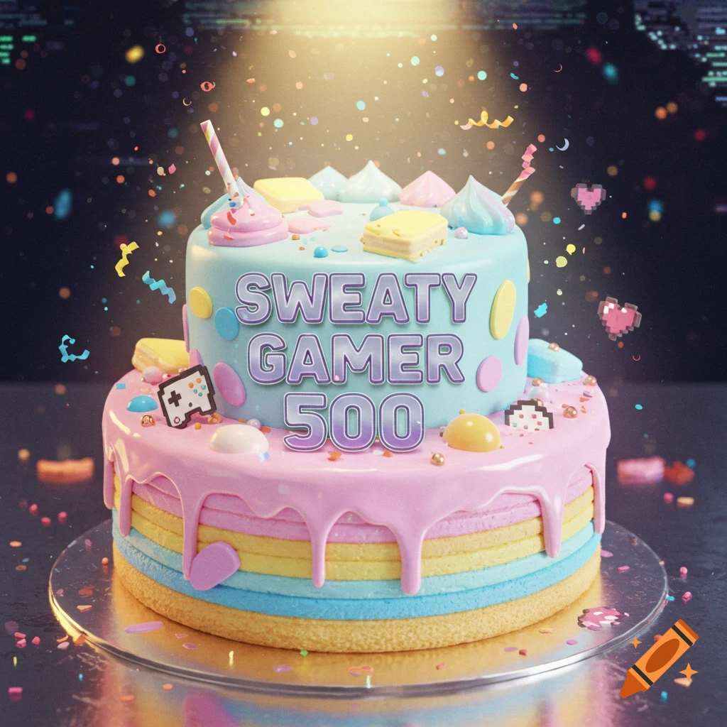 A two-tier birthday cake with pink and blue frosting, decorated with candies and gaming icons. The words SWEATY GAMER 500 are on the top tier, with confetti falling around it.