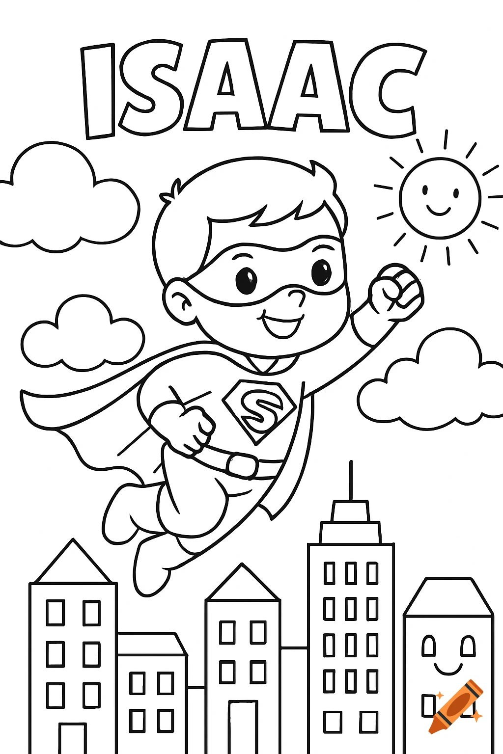 A black and white coloring page of a cute cartoon boy superhero flying over a city, with clouds and a smiling sun. The name ISAAC is at the top.