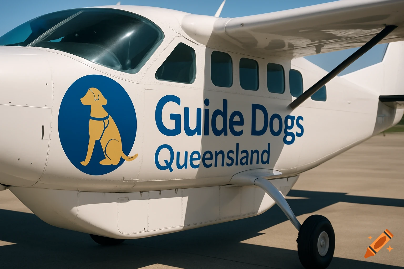 A white light aircraft with the blue and gold 'Guide Dogs Queensland' logo and text on its side, parked on an airfield.