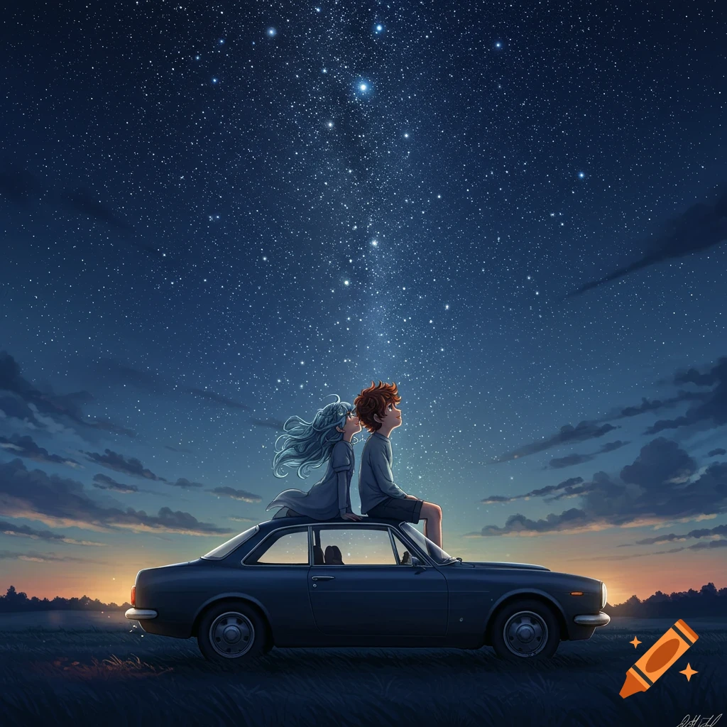 Anime illustration of a boy and girl sitting on a car at night, gazing up at a star-filled sky in a field.