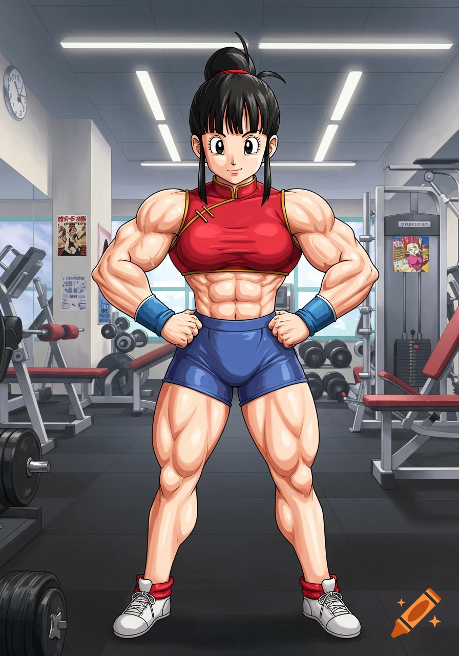 Chi-Chi from Dragon Ball Z, a muscular woman in a red top and blue shorts, stands confidently in a gym with weights and equipment in the background.