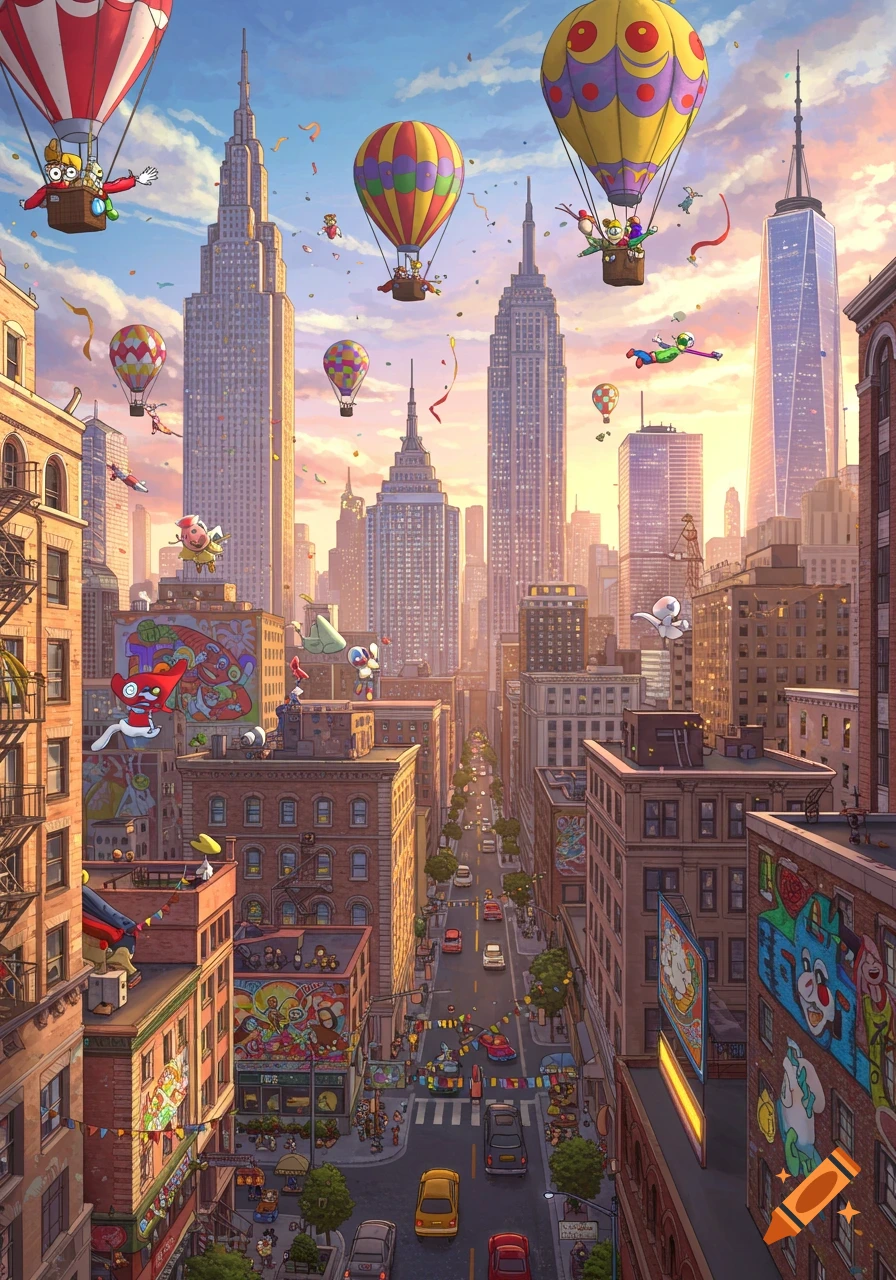 A vibrant cartoon cityscape at sunset, with hot air balloons and whimsical characters flying above and around tall buildings.
