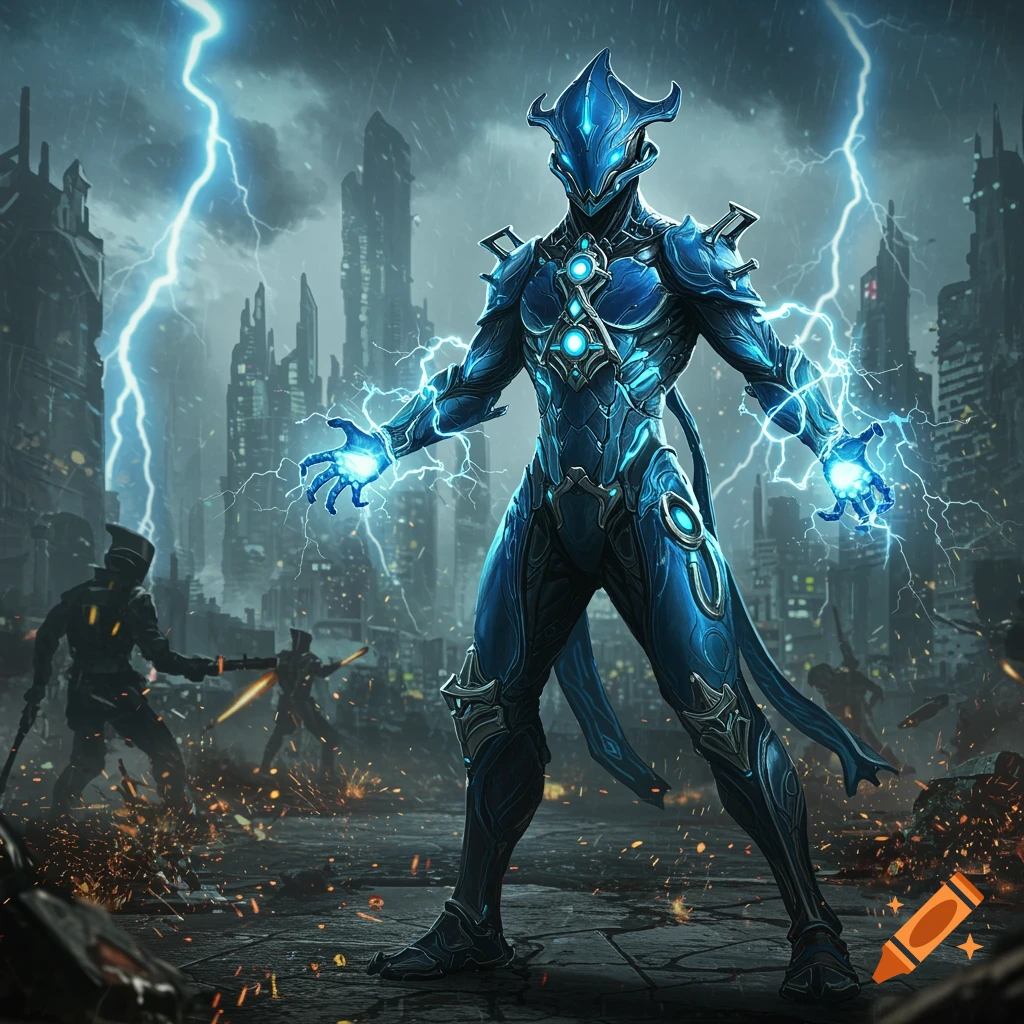 A blue armored futuristic character, Volt from Warframe, stands in a destroyed city, wielding lightning under a stormy sky. Digital art.