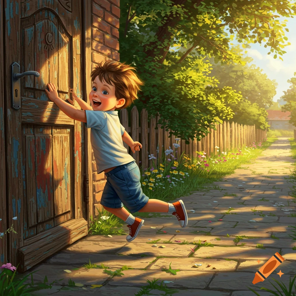 A happy cartoon boy jumps while knocking on a rustic wooden door on a sunny outdoor path, surrounded by trees and wildflowers.