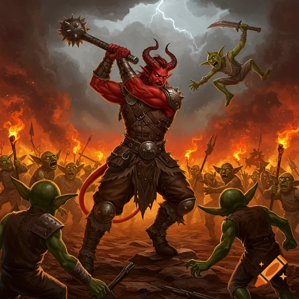 A red-skinned tiefling barbarian with a mace fights a horde of green goblins in a fiery, lightning-filled fantasy battle.