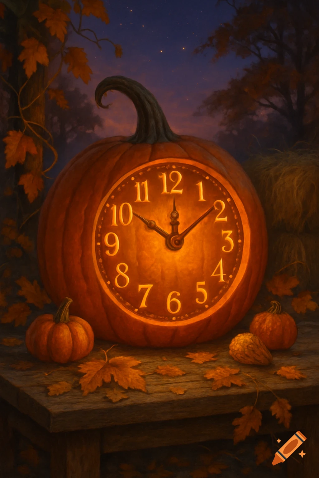 An illuminated pumpkin carved into an analog clock on a wooden table surrounded by autumn leaves at night.