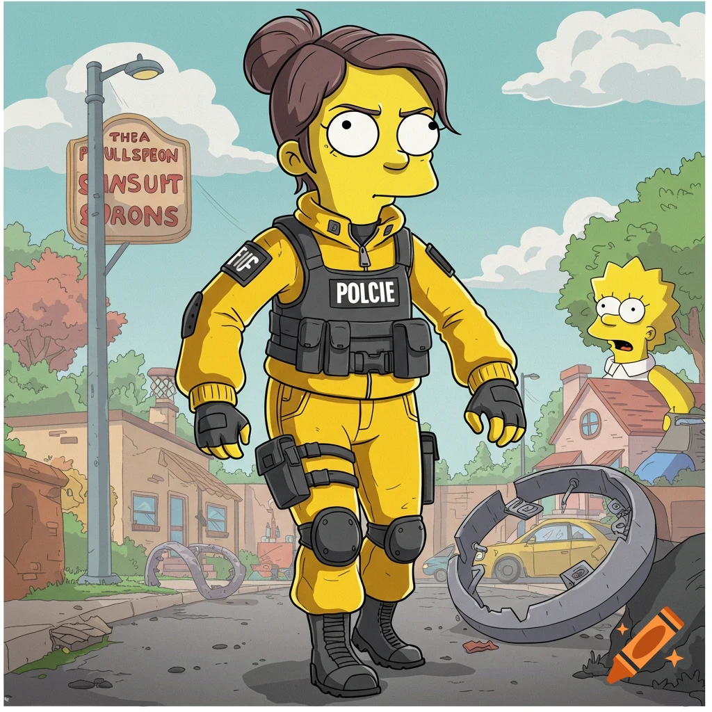 A Simpsons character in yellow tactical gear stands on a street with Lisa Simpson in the background.