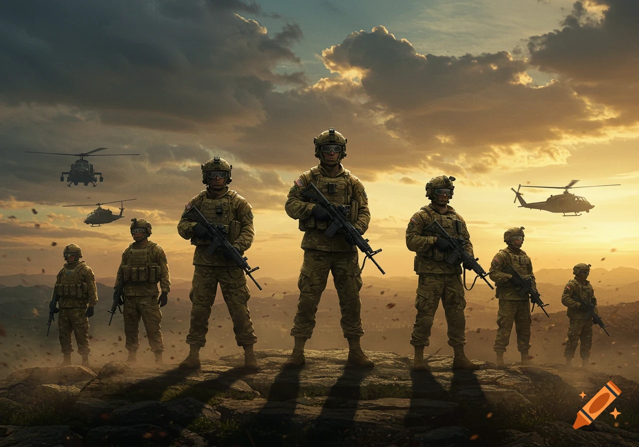 Photorealistic image of a group of soldiers in uniform with rifles, standing on rocky ground at sunset with helicopters in the sky.