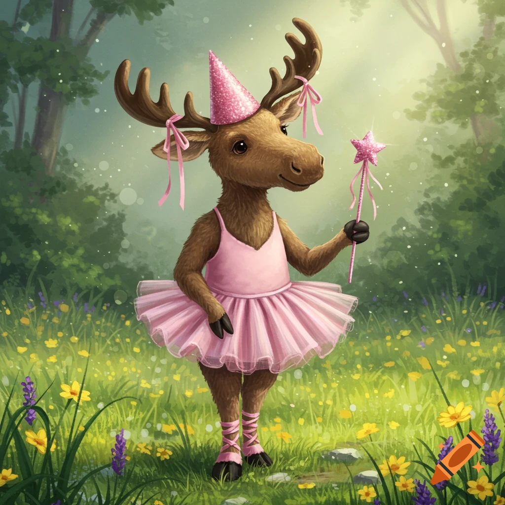 A cute cartoon moose in a pink tutu and party hat, holding a star wand in a magical wildflower meadow.