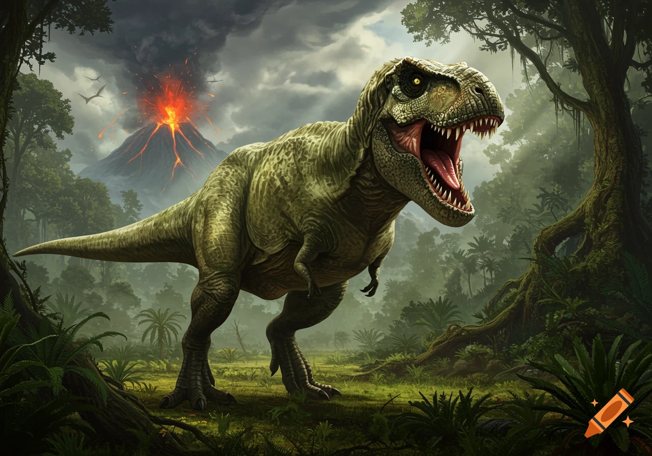 A massive green T-Rex with an open mouth roars in a lush prehistoric jungle. An active volcano erupts in the background under a cloudy sky.