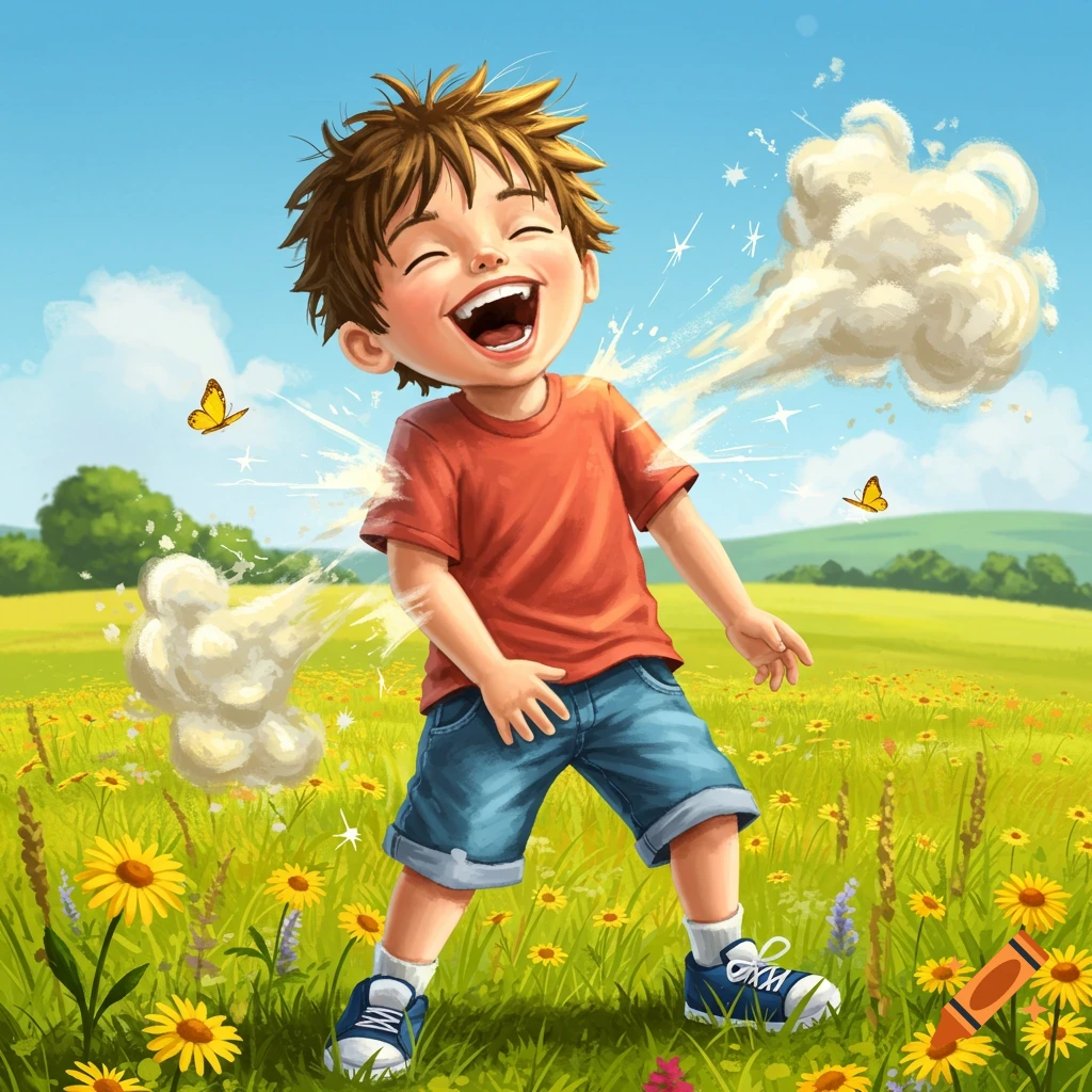 A happy cartoon boy laughs in a sunny field of yellow flowers with cartoon gas clouds and sparkles.