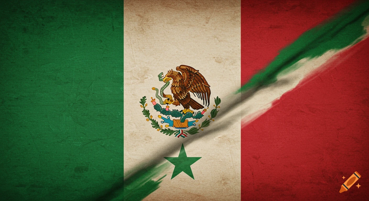 A distressed background wallpaper combining elements of the Mexican and Italian flags, with a green, white, and red vertical stripe featuring the Mexican eagle emblem and a green star, overlaid with diagonal green and red brushstrokes.