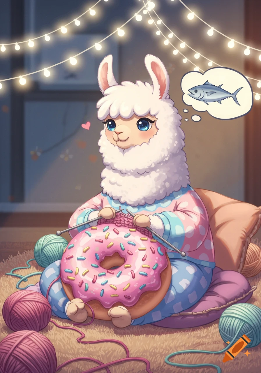 An anime llama in loungewear knitting a donut in a cozy room with string lights, thinking about a fish.