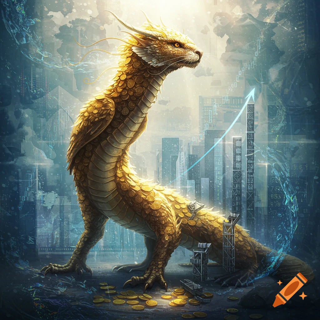 A majestic golden dragon-like creature with coin scales stands in a city with financial bar graphs and coins.
