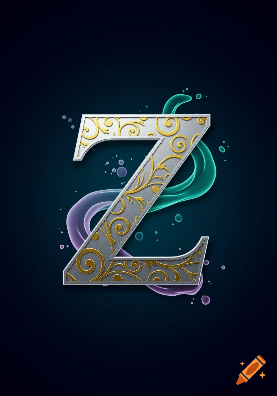 A stylized capital letter Z in silver with gold filigree patterns, set against a dark blue background with abstract teal and purple fluid shapes.