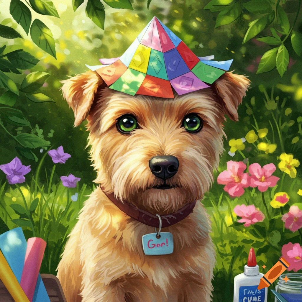 A cute fluffy brown dog with bright green eyes wears a colorful geometric hat in a vibrant garden. Digital painting.