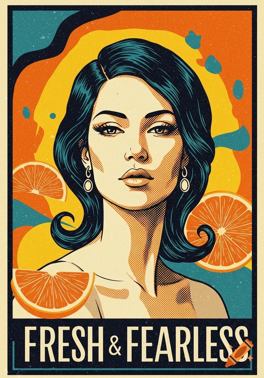 Shepard Fairey-style poster of a woman with oranges and bold 'Fresh & Fearless' text.