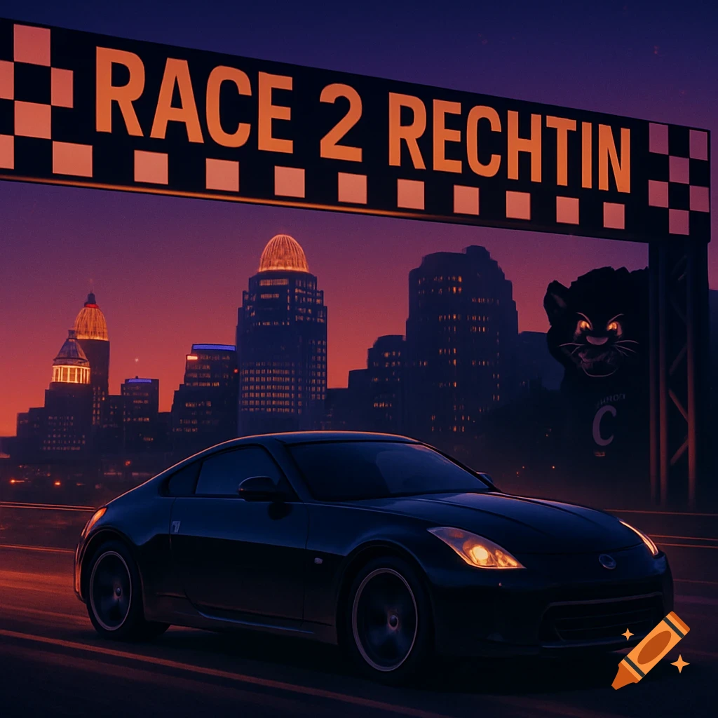 A black Nissan 350Z races towards a finish line banner displaying 'RACE 2 RECHTIN' over a sunset Cincinnati skyline with a bear mascot.