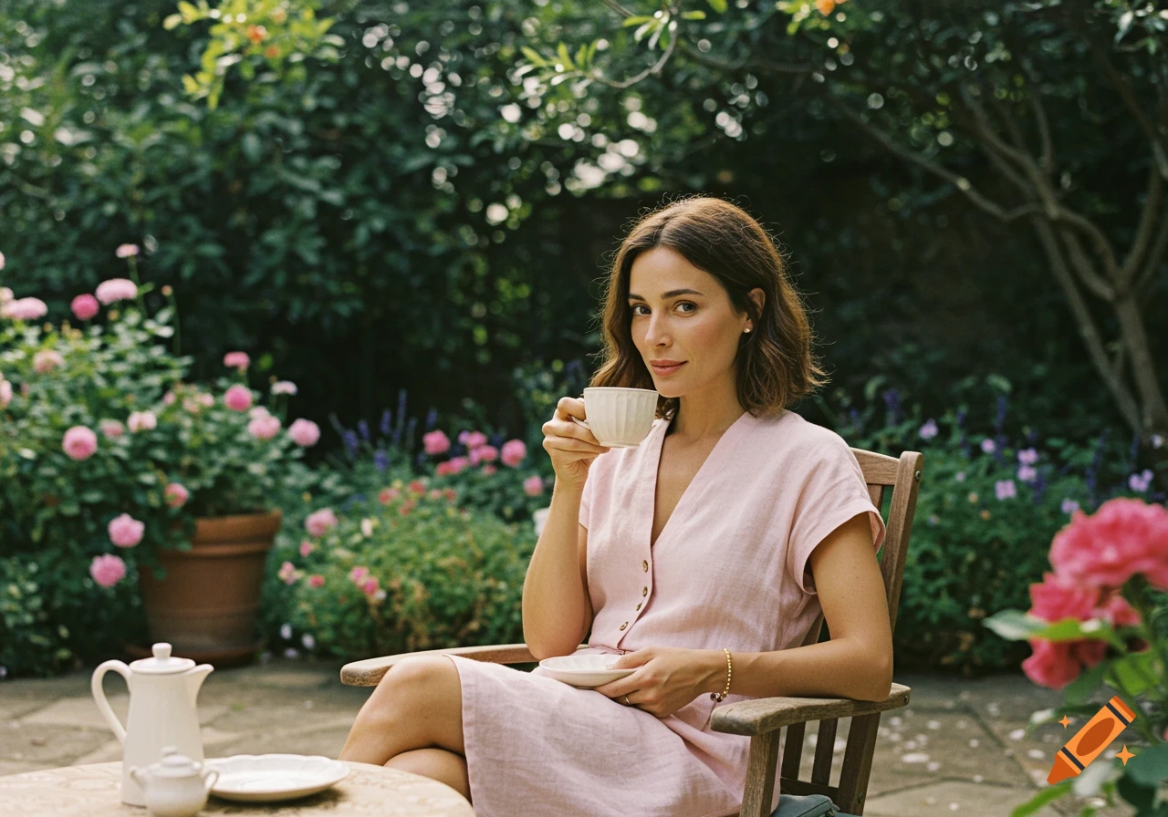 A woman in a pink dress sips coffee in a lush, sunlit garden with blooming flowers. Photorealistic.