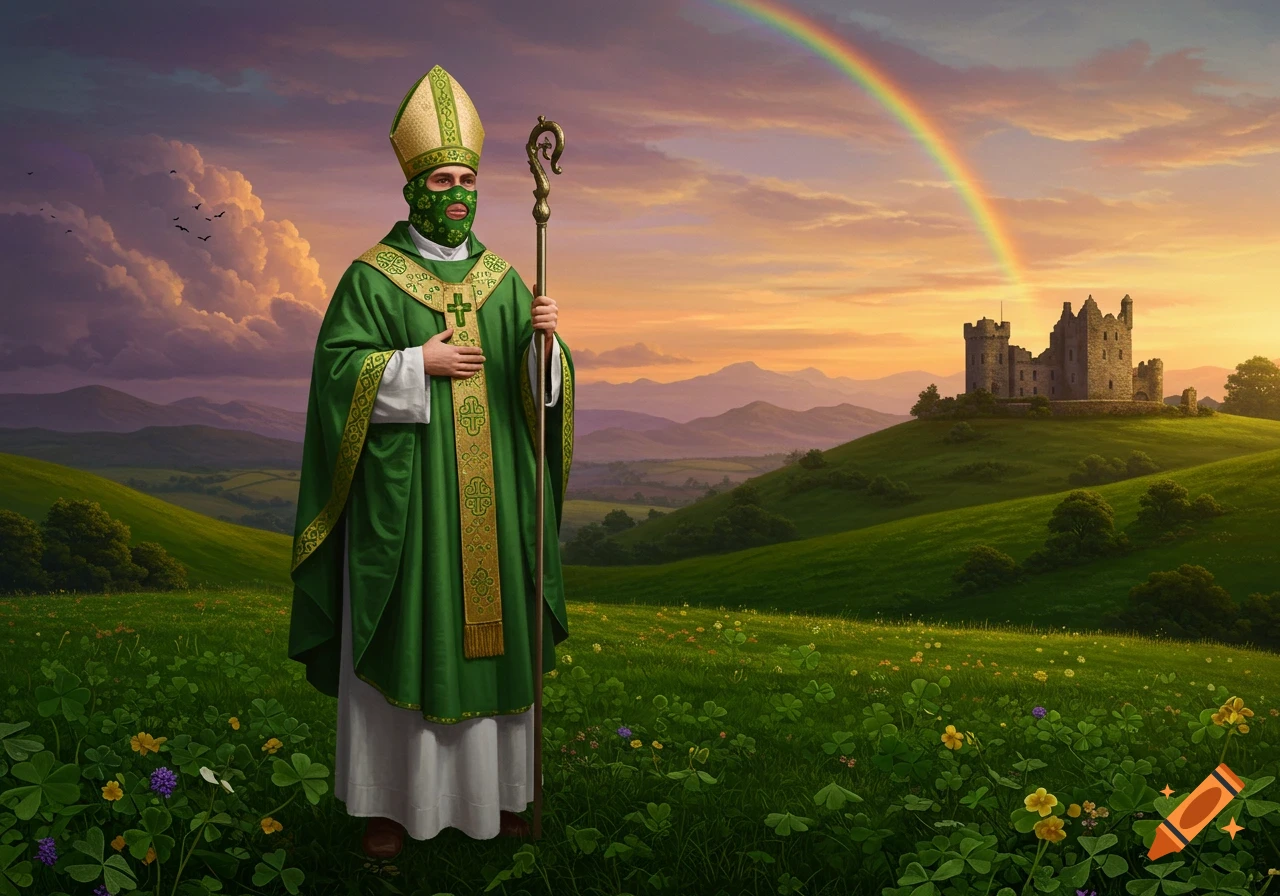 A green-clad bishop in a patterned balaclava stands in a shamrock field with a rainbow and castle at sunset.