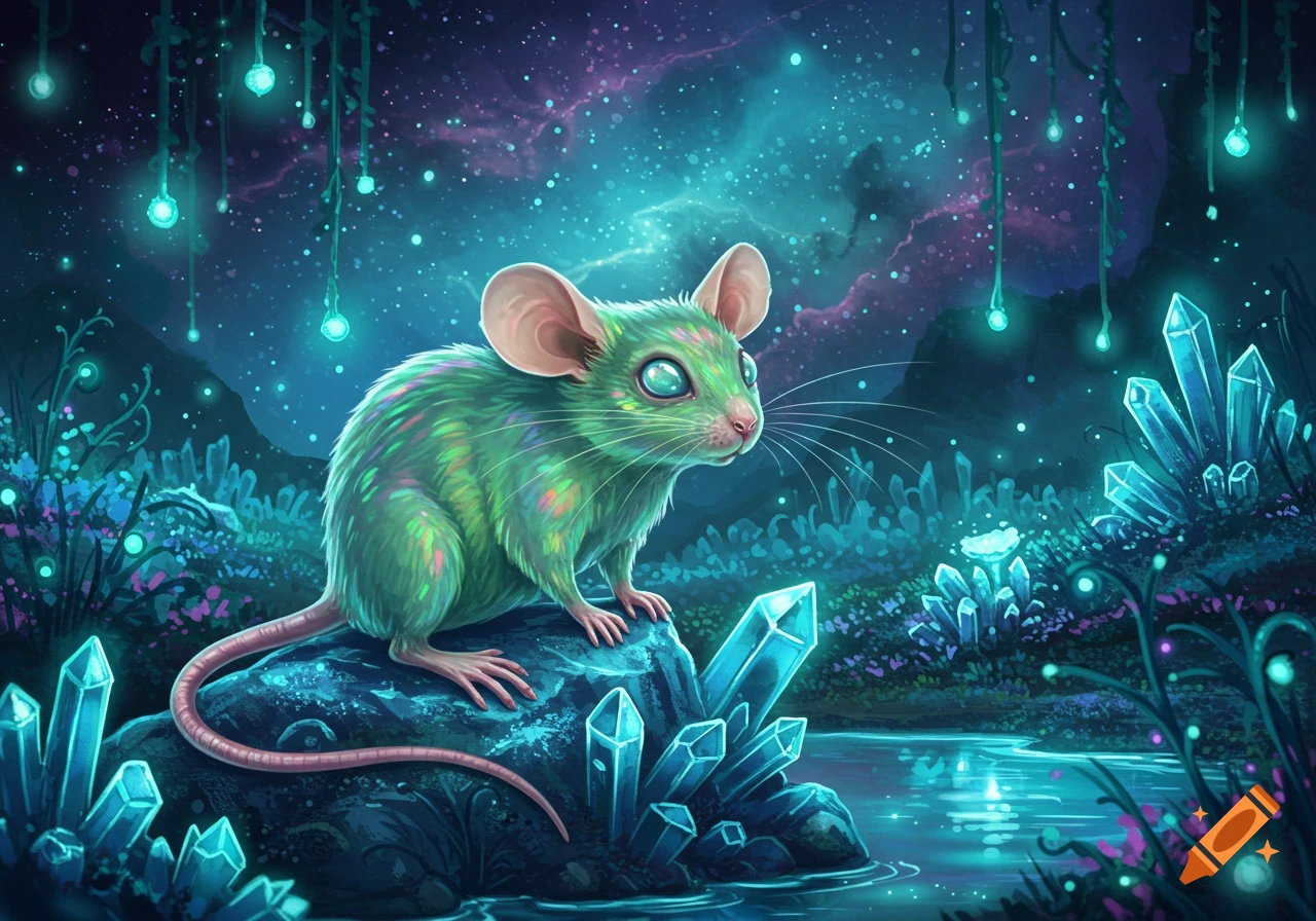 A vibrant green mouse with large glowing blue eyes sits on a crystal-covered rock in a mystical, bioluminescent forest under a starry sky.