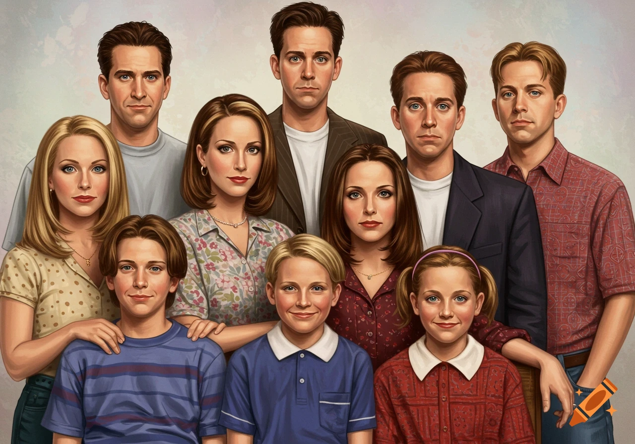 A digital illustration of a large family portrait featuring multiple adults and children.