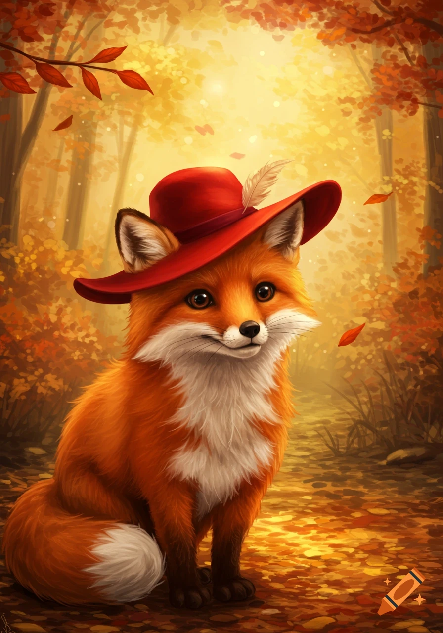 A cute fox in a red hat sits in an autumn forest with falling leaves, stylized art.