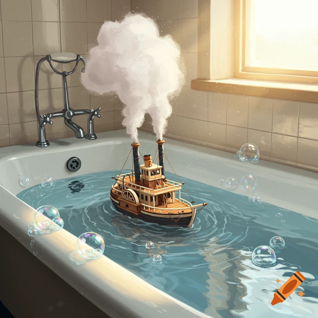 An illustrative image of a toy steamboat with smoke stacks floating in a bathtub with bubbles. A faucet is on the left and a window on the right.