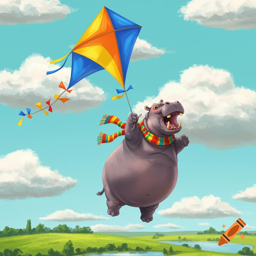 A cartoon hippo in a colorful scarf flies a blue and orange kite through a blue sky with white clouds over a green landscape.