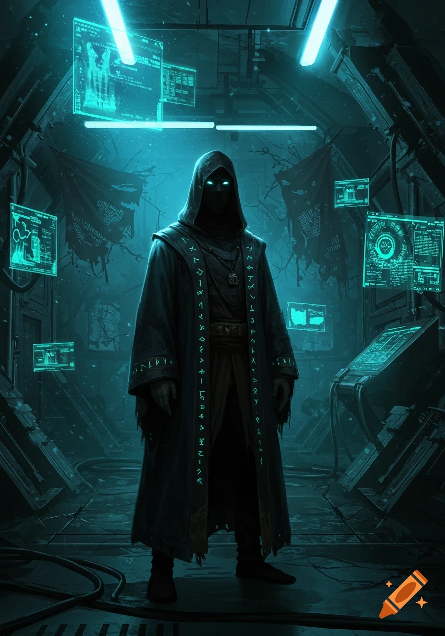 A mysterious hooded figure with glowing eyes stands in a dark, futuristic chamber surrounded by glowing blue holographic screens and wires.