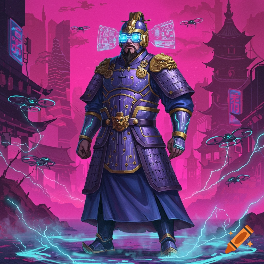 A cyberpunk Chinese general in purple and gold armor with glowing blue goggles stands in a neon pink cityscape with flying drones and electric currents.
