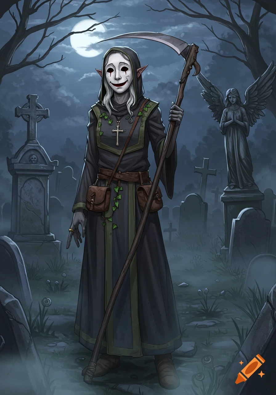 A masked changeling cleric in dark robes with a scythe stands in a moonlit graveyard.